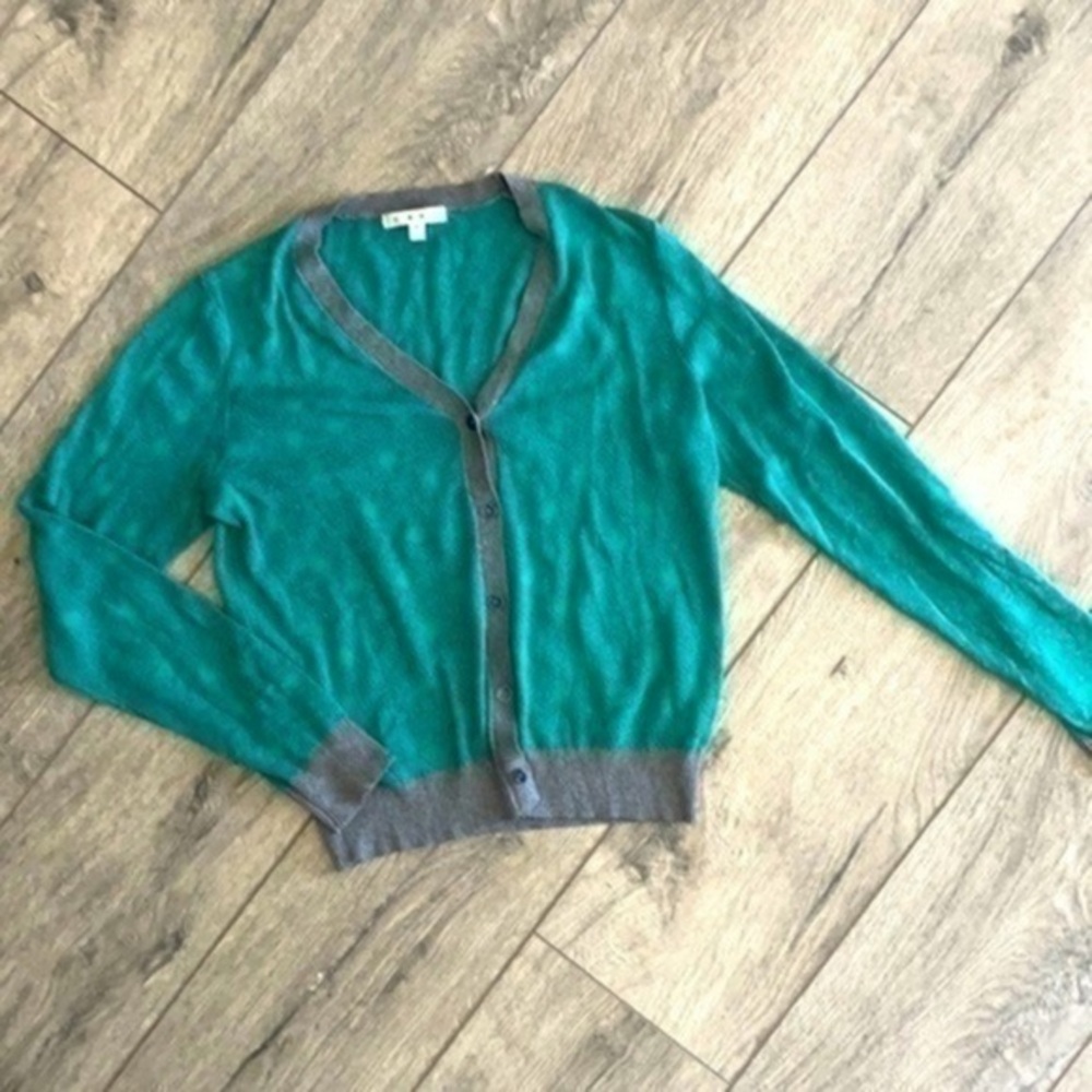 CAbi sweater Small green gray cardigan sweater